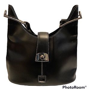 DOONEY & BOURKE Women’s Logo Vintage Black Leather Crescent Shoulder Handbag